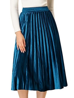 Women's Metallic Accordion Elastic Waist Swing Midi Plisse Pleated Skirt