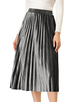 Women's Metallic Accordion Elastic Waist Swing Midi Plisse Pleated Skirt