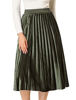 Women's Metallic Accordion Elastic Waist Swing Midi Plisse Pleated Skirt