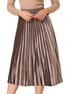 Women's Metallic Accordion Elastic Waist Swing Midi Plisse Pleated Skirt