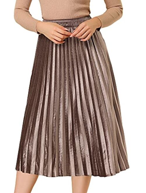 Allegra K Women's Metallic Accordion Elastic Waist Swing Midi Plisse Pleated Skirt