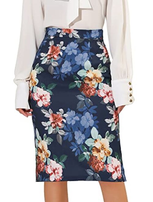 Allegra K Women's Floral Elastic Waistband Bodycon Pencil Skirt with Back Slit