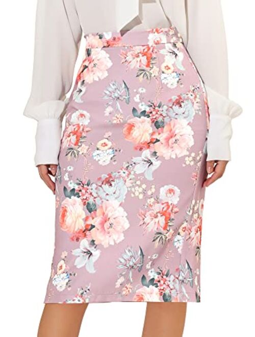 Allegra K Women's Floral Elastic Waistband Bodycon Pencil Skirt with Back Slit