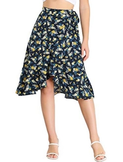 Women's Floral Tie Waist Asymmetric Summer Ruffle Wrap Skirt