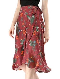 Women's Floral Tie Waist Asymmetric Summer Ruffle Wrap Skirt