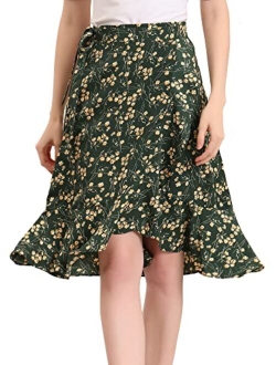 Women's Floral Tie Waist Asymmetric Summer Ruffle Wrap Skirt