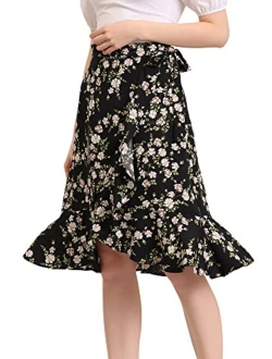 Women's Floral Tie Waist Asymmetric Summer Ruffle Wrap Skirt