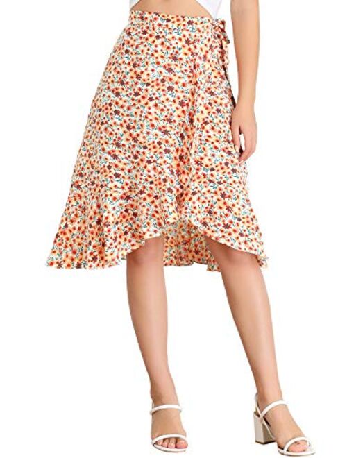 Allegra K Women's Floral Tie Waist Asymmetric Summer Ruffle Wrap Skirt