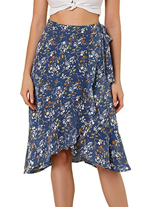 Allegra K Women's Floral Tie Waist Asymmetric Summer Ruffle Wrap Skirt