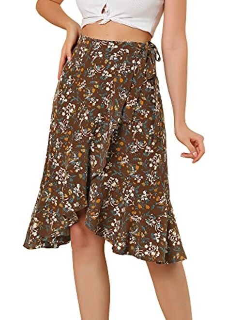 Allegra K Women's Floral Tie Waist Asymmetric Summer Ruffle Wrap Skirt