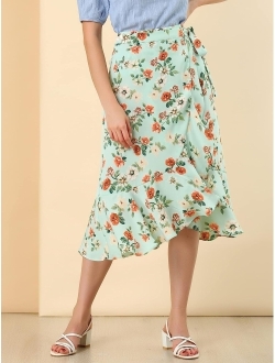 Women's Floral Wrap Midi Skirt Asymmetrical Ruffle Tie Waist Skirts