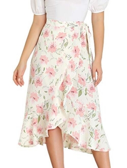 Women's Floral Wrap Midi Skirt Asymmetrical Ruffle Tie Waist Skirts