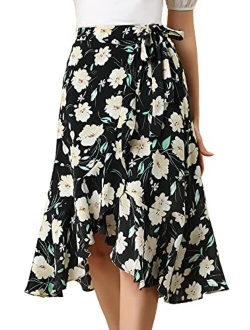 Women's Floral Wrap Midi Skirt Asymmetrical Ruffle Tie Waist Skirts