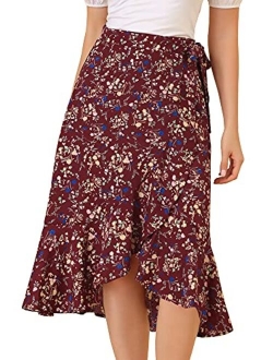 Women's Floral Wrap Midi Skirt Asymmetrical Ruffle Tie Waist Skirts