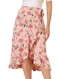 Women's Floral Wrap Midi Skirt Asymmetrical Ruffle Tie Waist Skirts