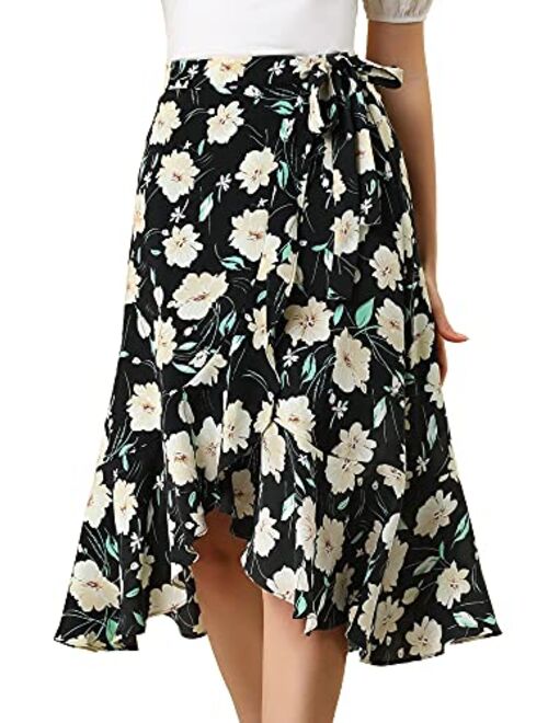 Allegra K Women's Floral Wrap Midi Skirt Asymmetrical Ruffle Tie Waist Skirts