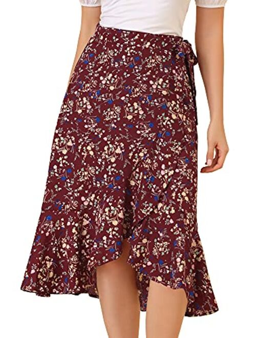 Allegra K Women's Floral Wrap Midi Skirt Asymmetrical Ruffle Tie Waist Skirts