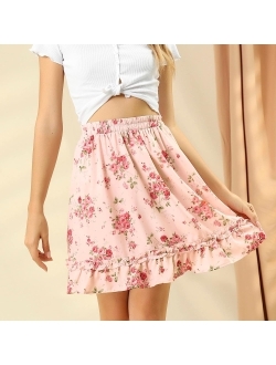 Women's Casual Mini Skirt Summer Elastic Waisted Floral Ruffle Short Skirts