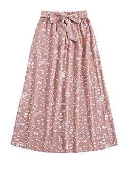 Women's Floral Printed Elastic Waist A Line Pleated Ruffle Midi Skirt