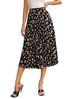 Women's Floral Printed Elastic Waist A Line Pleated Ruffle Midi Skirt