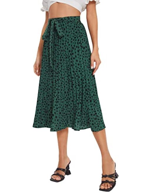 Floerns Women's Floral Printed Elastic Waist A Line Pleated Ruffle Midi Skirt