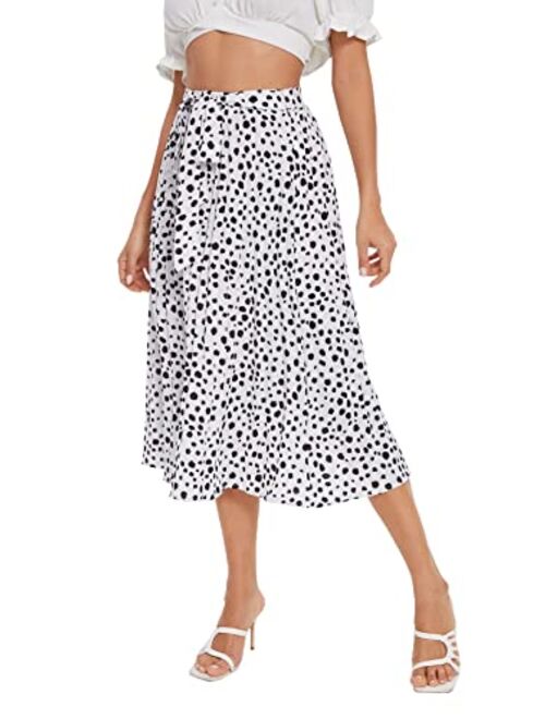 Floerns Women's Floral Printed Elastic Waist A Line Pleated Ruffle Midi Skirt