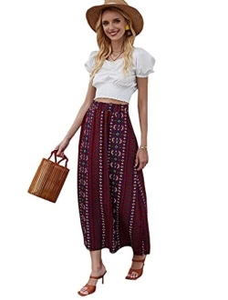 Women's Boho Elastic Waist Scarf Print Pleated Midi Skirt