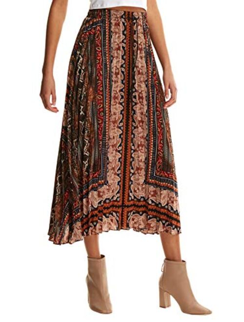 Floerns Women's Boho Elastic Waist Scarf Print Pleated Midi Skirt