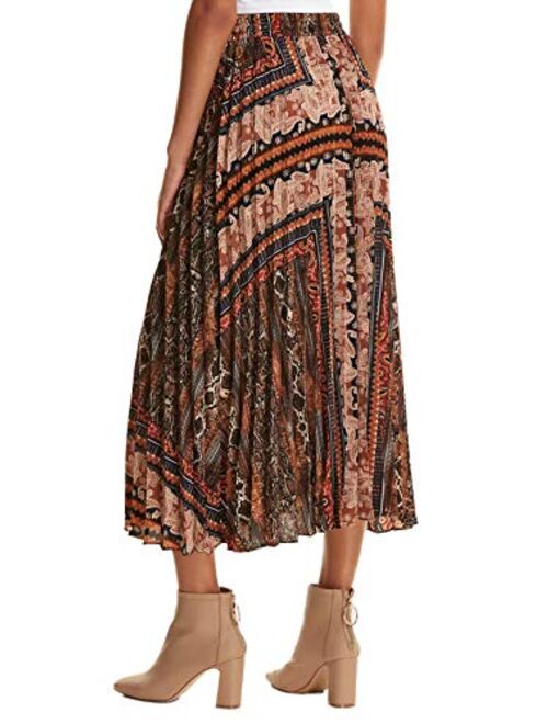 Floerns Women's Boho Elastic Waist Scarf Print Pleated Midi Skirt