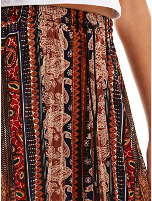 Floerns Women's Boho Elastic Waist Scarf Print Pleated Midi Skirt