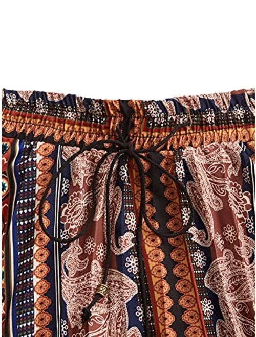 Floerns Women's Boho Elastic Waist Scarf Print Pleated Midi Skirt