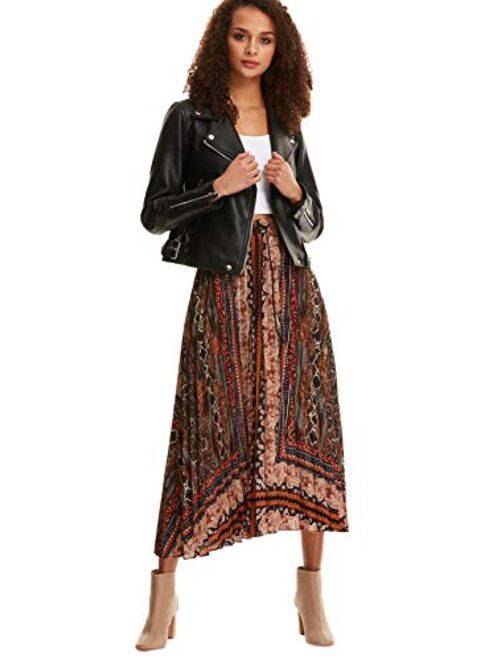 Floerns Women's Boho Elastic Waist Scarf Print Pleated Midi Skirt