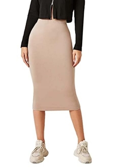 Women's Basic Solid Stretch High Waist Bodycon Midi Pencil Skirt