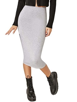 Women's Basic Solid Stretch High Waist Bodycon Midi Pencil Skirt