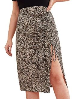 Women's Plus Size Leopard Drawstring Ruched Split Thigh Midi Skirt