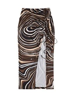 Women's Plus Size Leopard Drawstring Ruched Split Thigh Midi Skirt