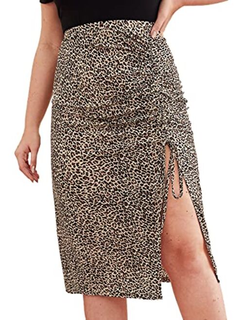 Floerns Women's Plus Size Leopard Drawstring Ruched Split Thigh Midi Skirt