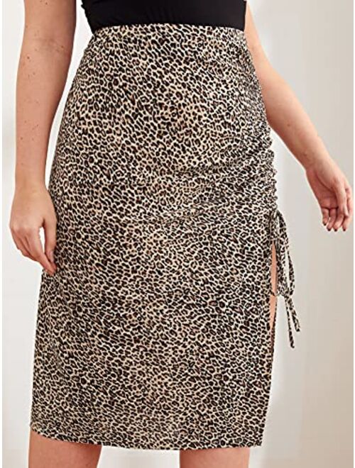 Floerns Women's Plus Size Leopard Drawstring Ruched Split Thigh Midi Skirt