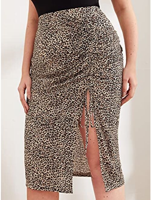 Floerns Women's Plus Size Leopard Drawstring Ruched Split Thigh Midi Skirt