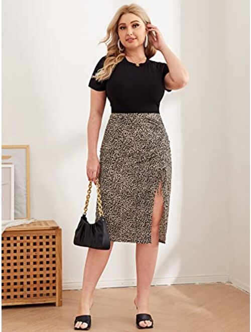 Floerns Women's Plus Size Leopard Drawstring Ruched Split Thigh Midi Skirt