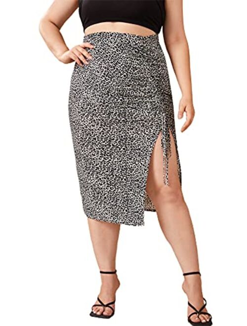 Floerns Women's Plus Size Leopard Drawstring Ruched Split Thigh Midi Skirt