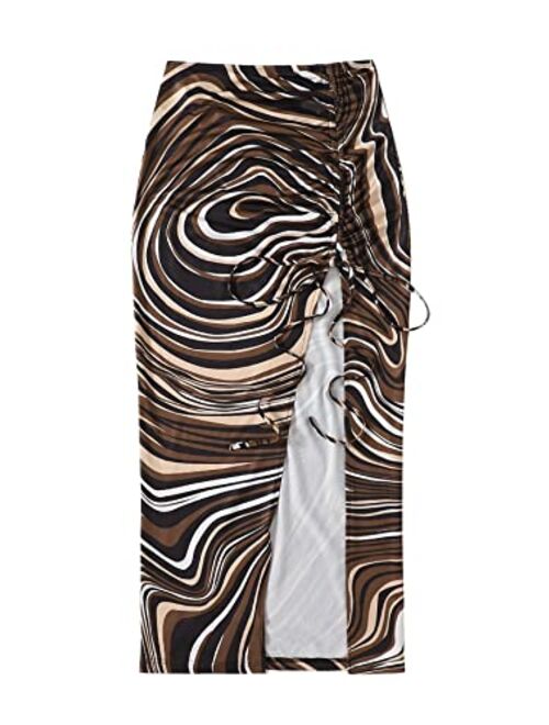 Floerns Women's Plus Size Leopard Drawstring Ruched Split Thigh Midi Skirt