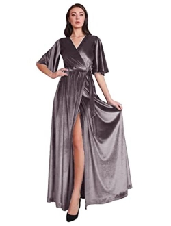 Tianzhihe Ruffle Sleeve Velvet Prom Maxi Long Dress with Slit V Neck Bridesmaid Dress Party Gown