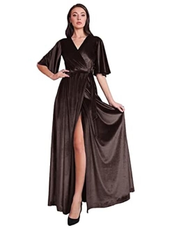 Tianzhihe Ruffle Sleeve Velvet Prom Maxi Long Dress with Slit V Neck Bridesmaid Dress Party Gown