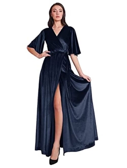 Tianzhihe Ruffle Sleeve Velvet Prom Maxi Long Dress with Slit V Neck Bridesmaid Dress Party Gown