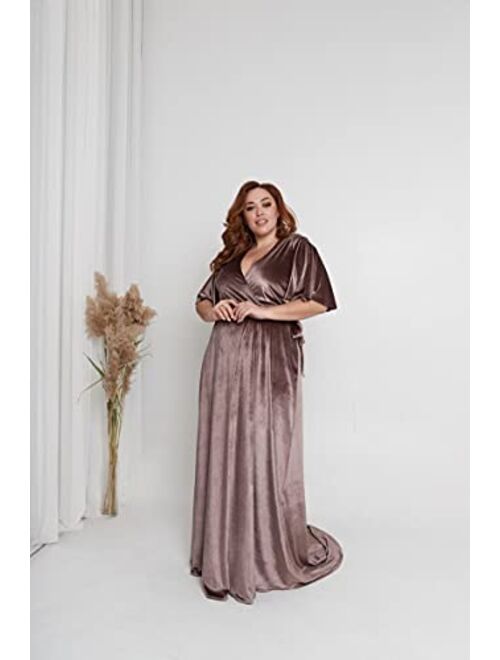 Tianzhihe Ruffle Sleeve Velvet Prom Maxi Long Dress with Slit V Neck Bridesmaid Dress Party Gown