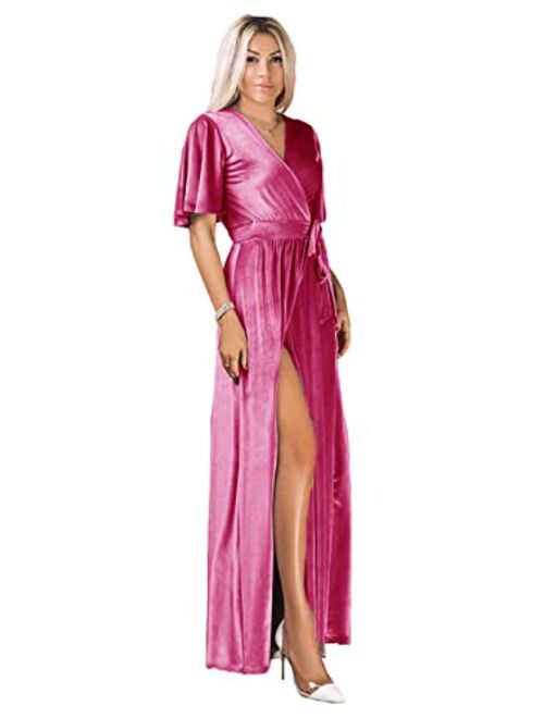 Tianzhihe Ruffle Sleeve Velvet Prom Maxi Long Dress with Slit V Neck Bridesmaid Dress Party Gown