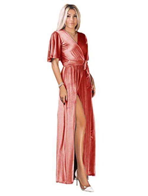 Tianzhihe Ruffle Sleeve Velvet Prom Maxi Long Dress with Slit V Neck Bridesmaid Dress Party Gown