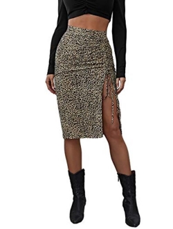 Women's Leopard Print Ruched Drawstring Split Summer Midi Skirt