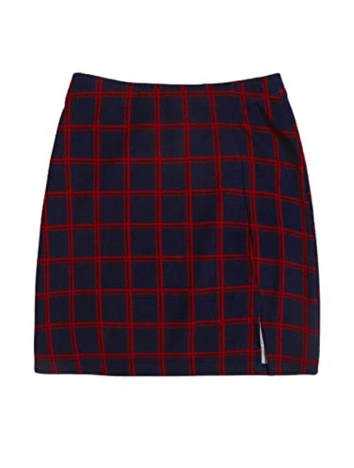 Floerns Women's Plus Size Plaid Print Split Hem Skirt